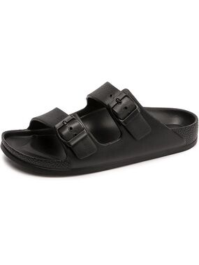 Funkymonkey Slides Sandals Women's Black Dual-Buckle Adjustable Plastic Flat 9